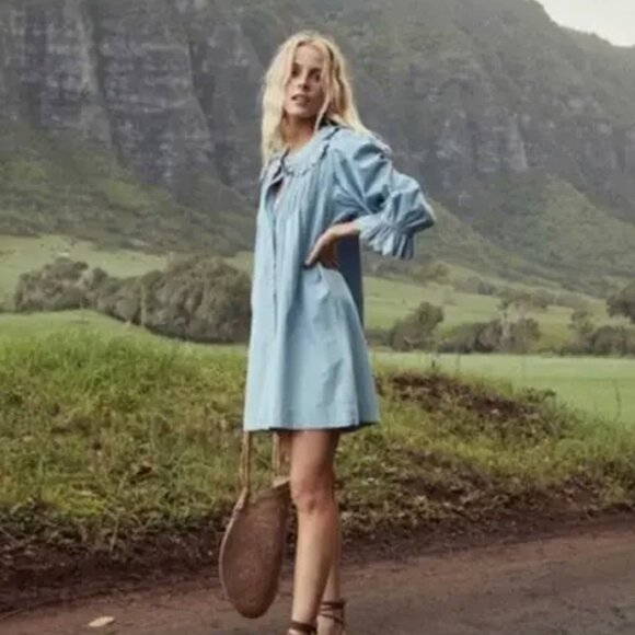 DOEN Wing Mini Dress in Parisian Chambray Blue - Picture 1 of 16